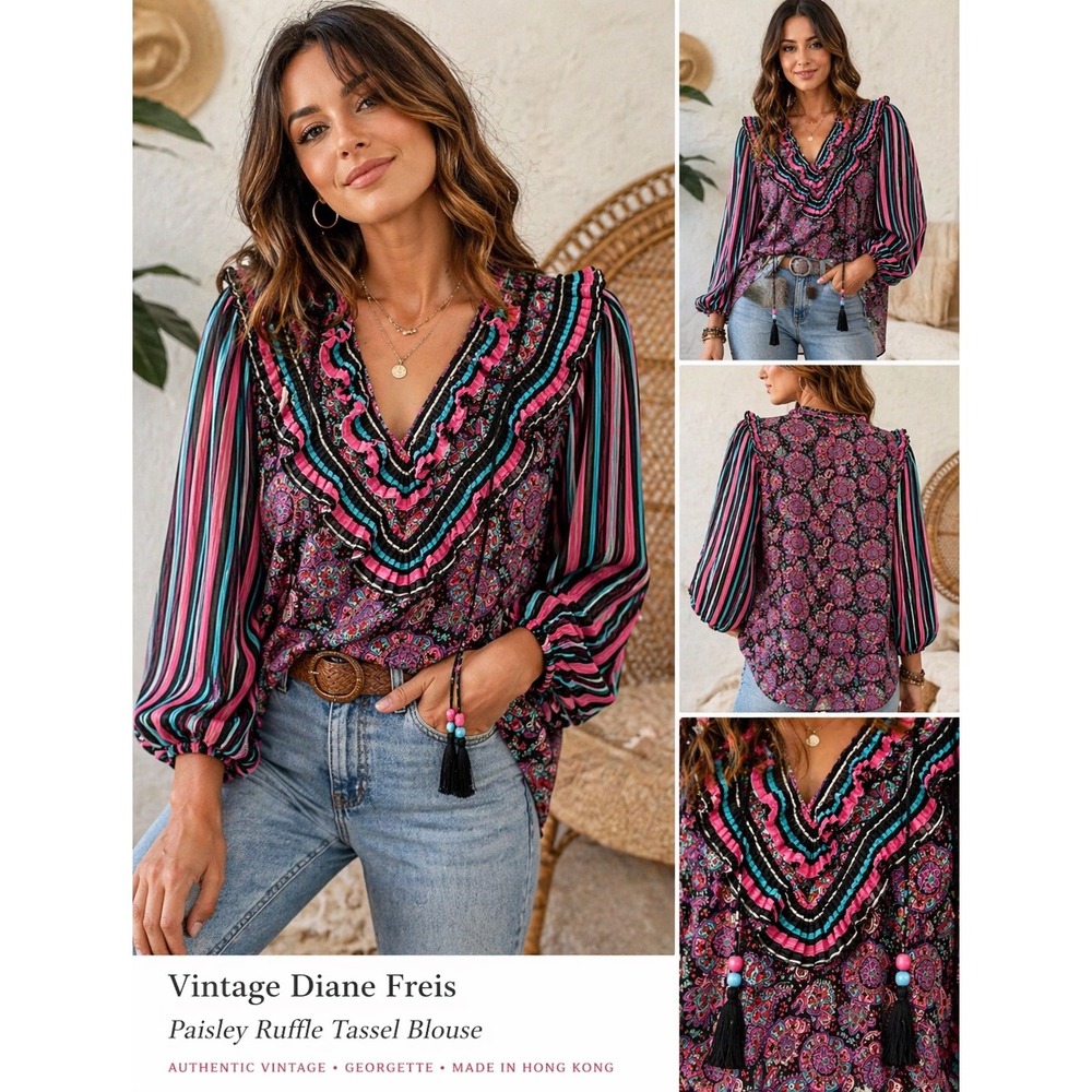 Vintage Diane Freis Paisley‎ Boho Blouse Ruffle Tassel Sheer Top